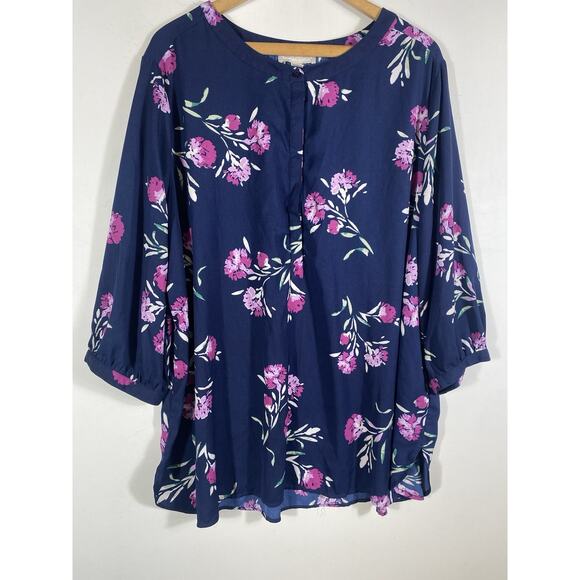 Woman Within Tunic Top 22/24 1X Blue Purple Floral Blouse Romantic Cottagecore - Picture 5 of 11
